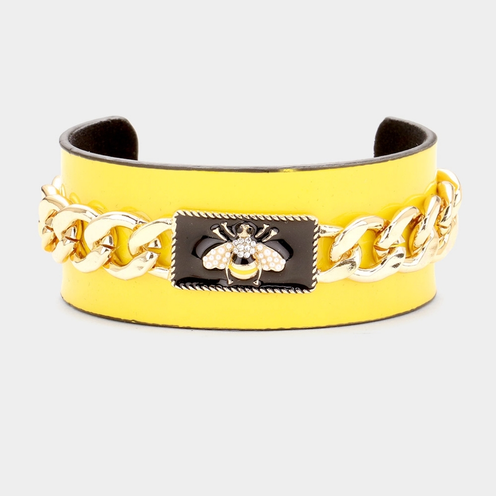 Yellow Chain Link HoneyBee Rhinestone Crystal Cuff Black Gold Statement Bracelet